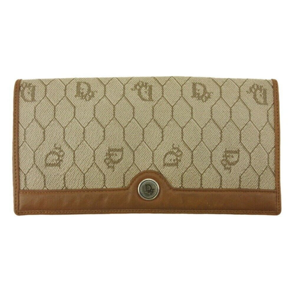 DIOR long pilgrimage honeycomb beige PVC ~ leather AUTH USED T19030